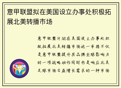 意甲联盟拟在美国设立办事处积极拓展北美转播市场