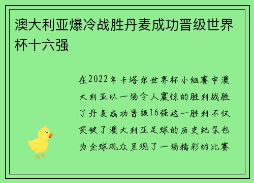 澳大利亚爆冷战胜丹麦成功晋级世界杯十六强